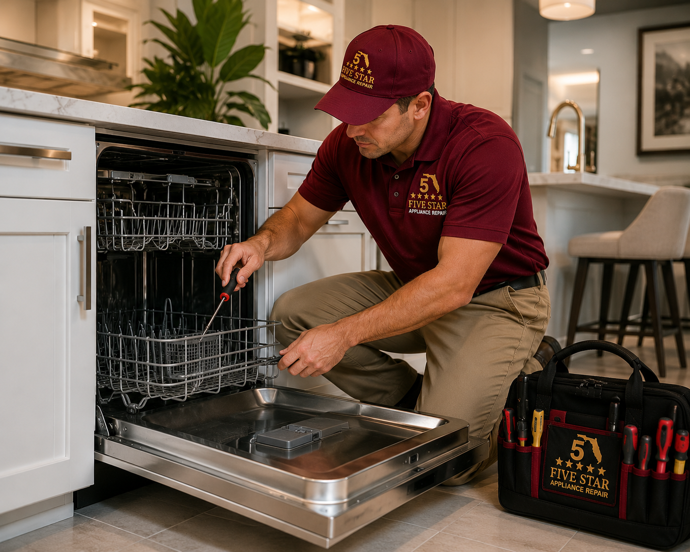 Technician repairing a dishwasher