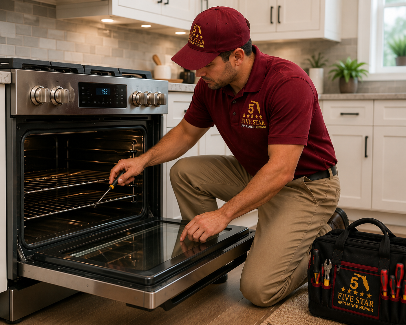 Technician repairing an oven