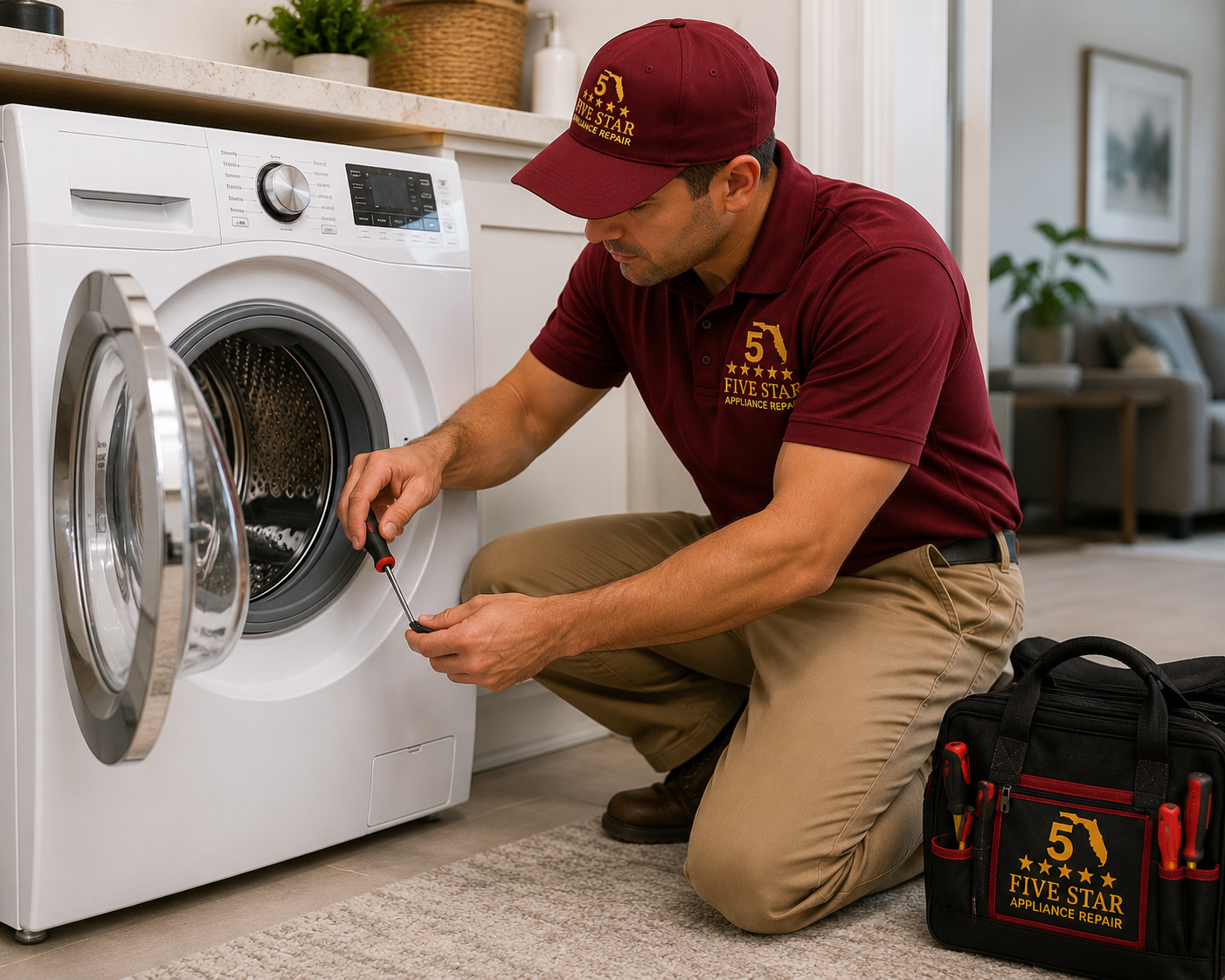 Technician inspecting a washing machine